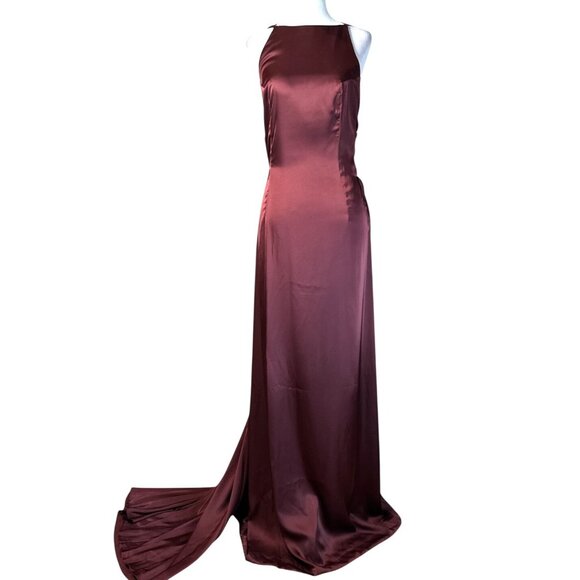 Ceren Ocak Satin Dress in Burgundy Small New Womens Long Maxi Gown - Picture 6 of 9